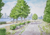 風景スケッチの水彩画